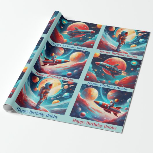 Astronaut Rocket Planets Jongens Verjaardag Kleurr Cadeaupapier (Uitgerold)