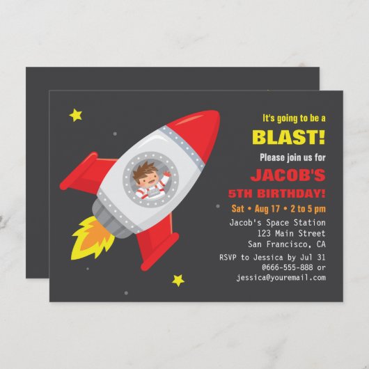 Astronaut Rocket Ship Space Kids Verjaardag uitnod Kaart (Voorkant / Achterkant)