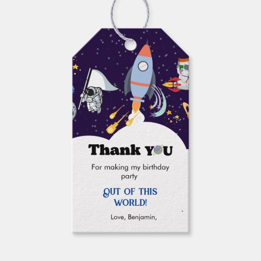 Astronaut ruimte jongen planeet dank u verjaardag cadeaulabel (Voorkant)