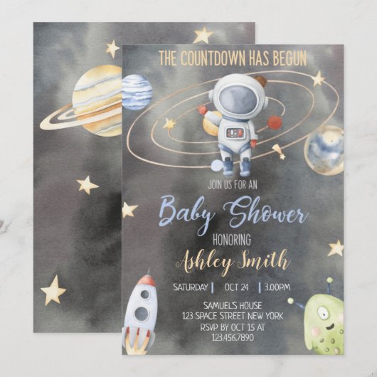 Astronaut Space Baby shower Uitnodiging (Voorkant / Achterkant)