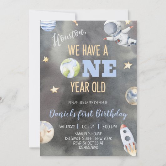 Astronaut Space Birthday 1 jaar uitnodiging (Voorkant)