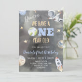 Astronaut Space Birthday 1 jaar uitnodiging (Staand voorkant)