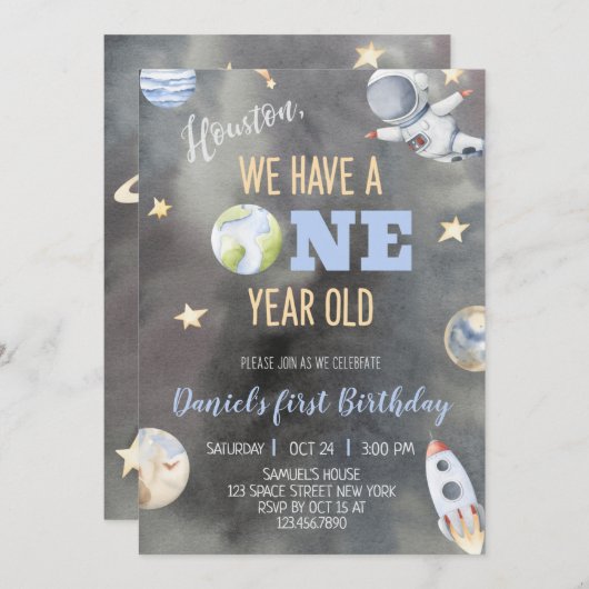 Astronaut Space Birthday 1 jaar uitnodiging (Voorkant / Achterkant)