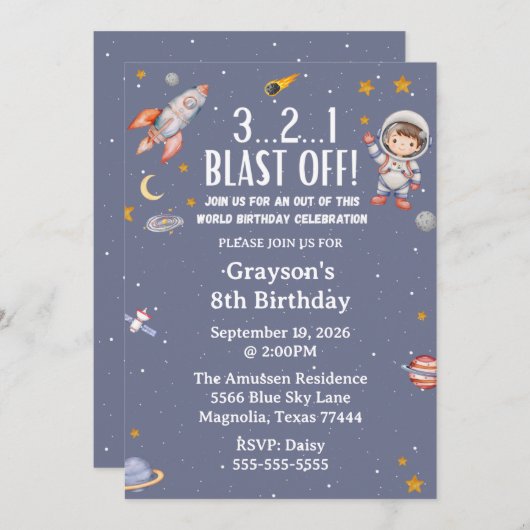 Astronaut Space Birthday Invitation Kaart (Voorkant / Achterkant)