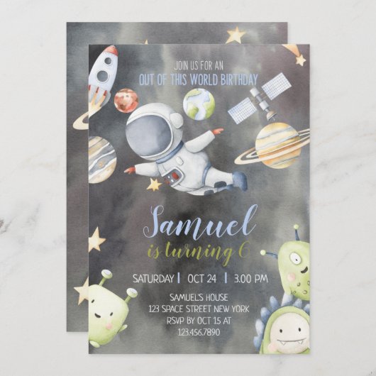 Astronaut Space Birthday Invitation Kaart (Voorkant / Achterkant)