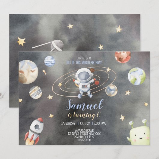 Astronaut Space Birthday Invitation Kaart (Voorkant / Achterkant)