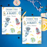 Astronaut Space Birthday Party Bedankkaart<br><div class="desc">Het ontwerp van de waterverf is voorzien van een astronaut,  raketschepen en kleurrijke planeten.</div>