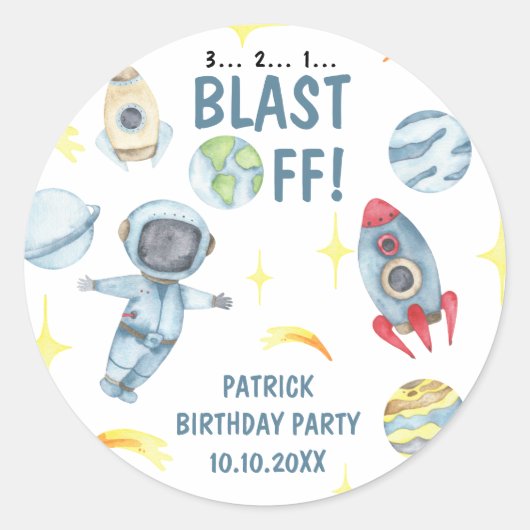 Astronaut Space Birthday Party Ronde Sticker (Voorkant)
