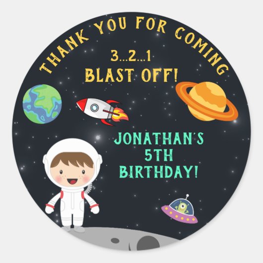 Astronaut Space Birthday - Personalized Blast Off" Ronde Sticker (Voorkant)