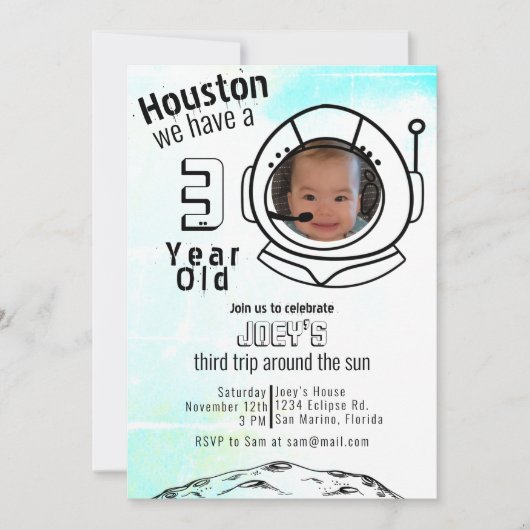 Astronaut Space Blue Custom Photo Birthday Kaart (Voorkant)