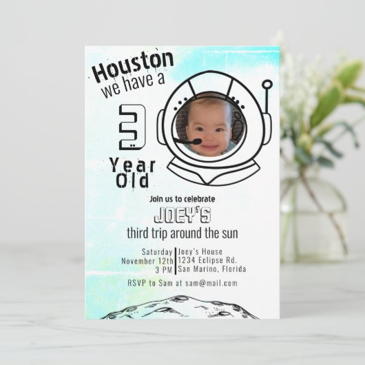 Astronaut Space Blue Custom Photo Birthday Kaart (Staand voorkant)