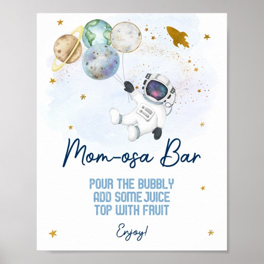 Astronaut Space Blue Gold Baby shower Mam-osa Bar Poster (Voorkant)