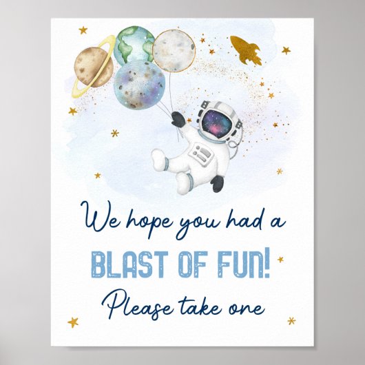 Astronaut Space Blue Gold Blast of Fun Favor Sign Poster (Voorkant)