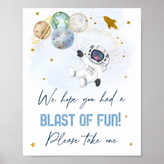 Astronaut Space Blue Gold Blast of Fun Favor Sign Poster (Voorkant)