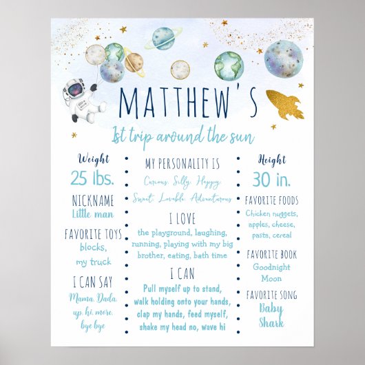 Astronaut Space Blue Gold Eerste Verjaardag Milest Poster (Voorkant)
