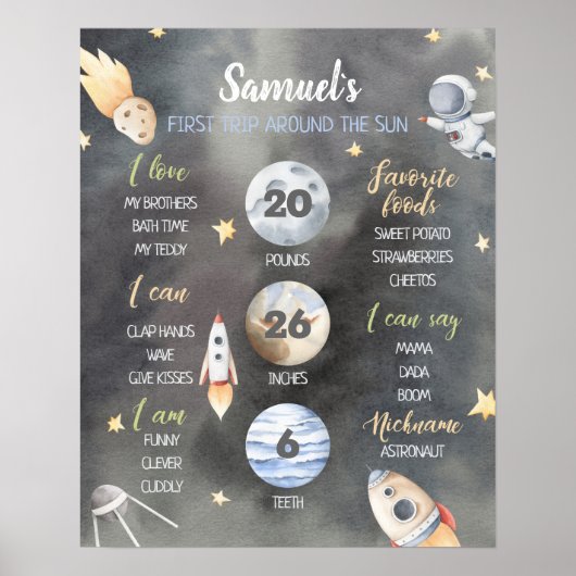 Astronaut Space Milestone First Birthday Board Poster (Voorkant)
