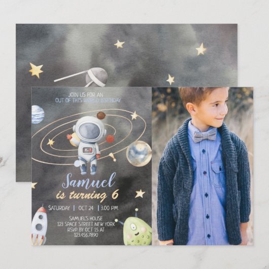 Astronaut Space Planets Birthday Invitation Kaart (Voorkant / Achterkant)