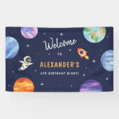Astronaut Space Planets Verjaardag Blauw Welkom Spandoek (Horizontaal)