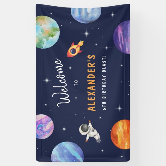 Astronaut Space Planets Verjaardag Blauw Welkom Spandoek (Verticaal)