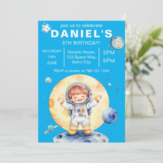 Astronaut Space-Theme Custom Birthday Party Kaart (Staand voorkant)