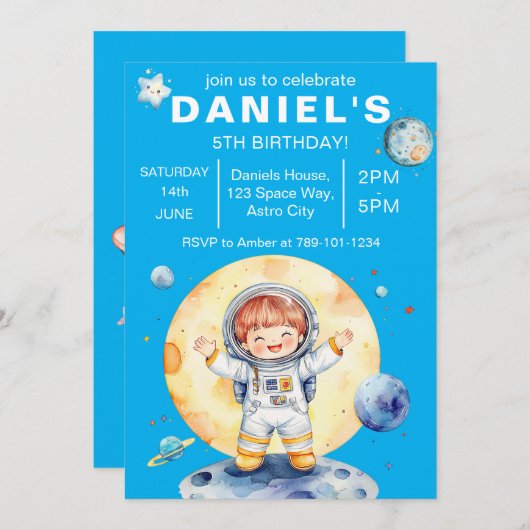 Astronaut Space-Theme Custom Birthday Party Kaart (Voorkant / Achterkant)