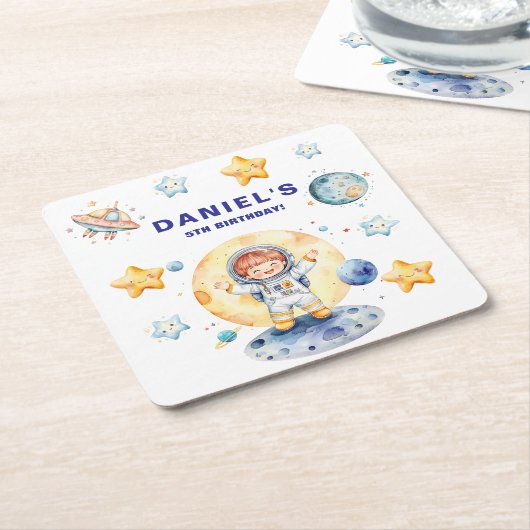 Astronaut Space-Theme Custom Birthday Party Kartonnen Onderzetters (Schuin)