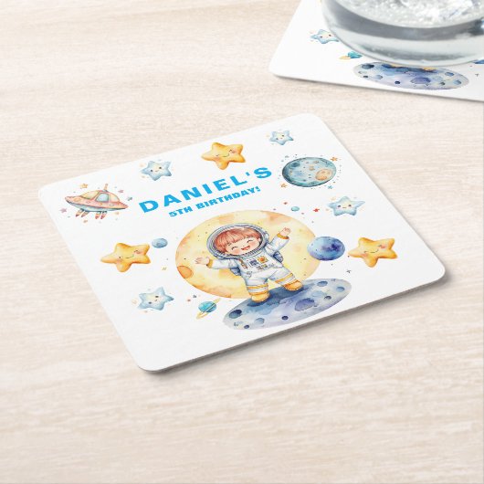 Astronaut Space-Theme Custom Birthday Party Kartonnen Onderzetters (Schuin)