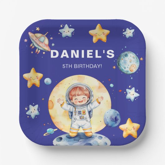 Astronaut Space-Theme Custom Birthday Party Papieren Bordje (Voorkant)