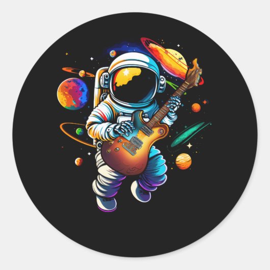 Astronaut Spelen Gitaar Ruimte Planeten Muzikant S Ronde Sticker (Voorkant)