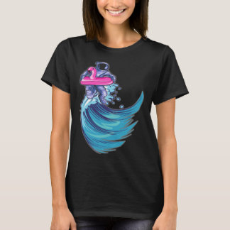 Astronaut Surfing Ocean Waves With Pink Flamingo F T-shirt