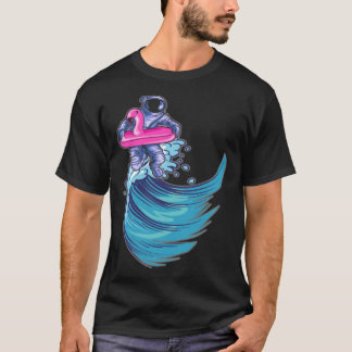 Astronaut Surfing Ocean Waves With Pink Flamingo F T-shirt