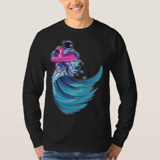 Astronaut Surfing Ocean Waves With Pink Flamingo F T-shirt