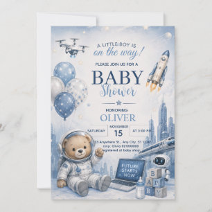 Astronaut Teddy Bear Jongens Baby Shower Uitnodigi Kaart