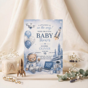 Astronaut Teddy Bear Jongens Baby Shower Uitnodigi Kaart