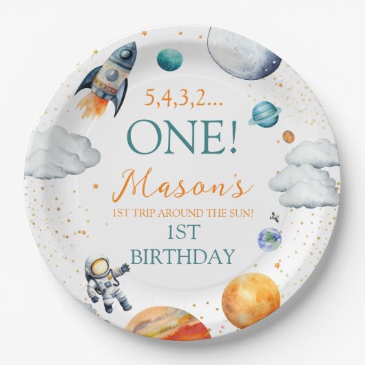 Astronaut Thema Jongen Verjaardag Kleurrijk Papieren Bordje (Voorkant)