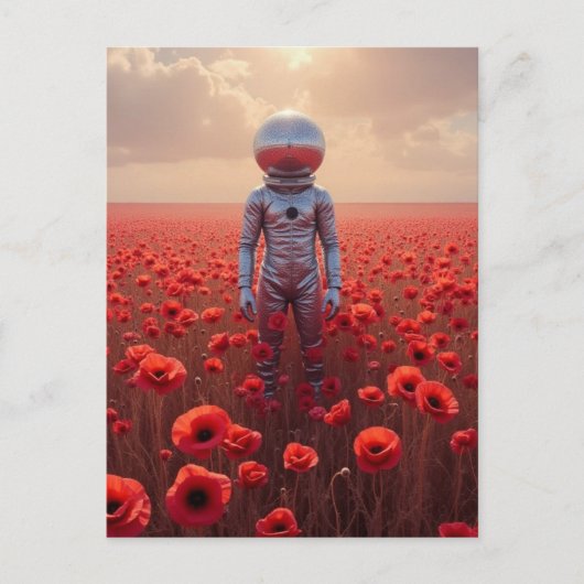 Astronaut tussen rode klaprozen briefkaart (Voorkant)