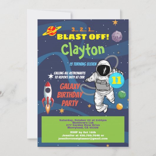 Astronaut verjaardagsfeestje galaxy kind uitnodigi kaart (Voorkant)
