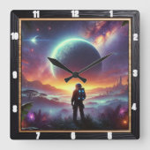 Astronaut verkent een levendig buitenaards landsch vierkante klok (Voorkant)