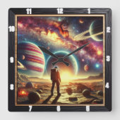 Astronaut verkent het levendige galactische landsc vierkante klok (Voorkant)