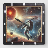 Astronaut verkent verre planeet in de ruimte vierkante klok (Voorkant)