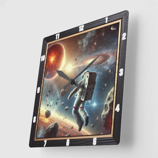 Astronaut verkent verre planeet in de ruimte vierkante klok (Hoek)