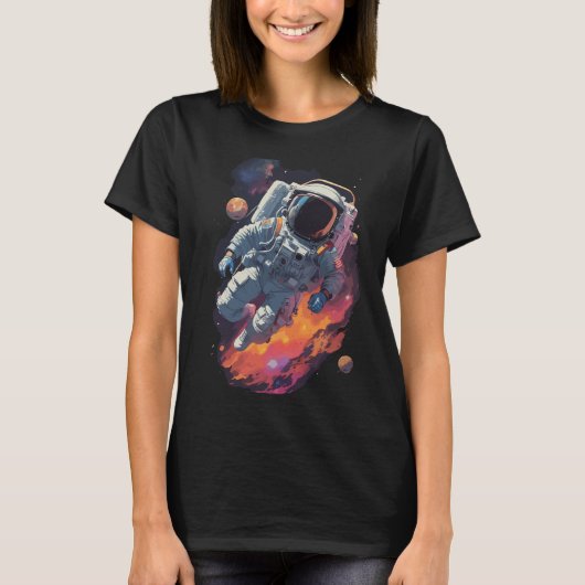 Astronaut Verloren in Galaxy Achtergrond T-shirt (Voorkant)