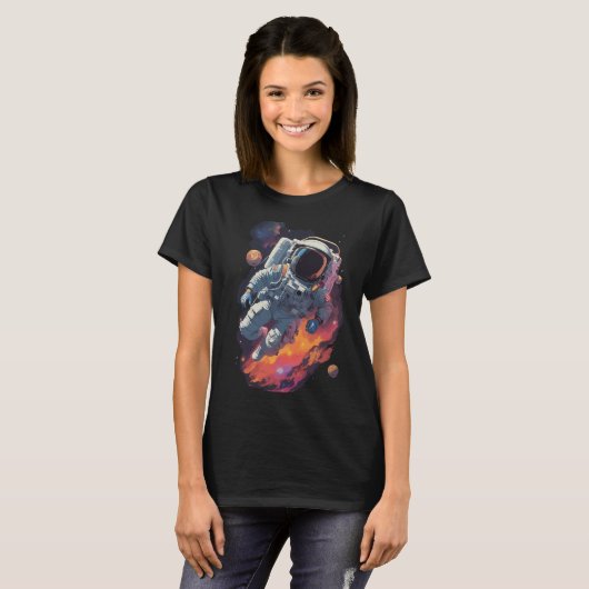 Astronaut Verloren in Galaxy Achtergrond T-shirt (Voorkant volledig)