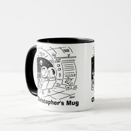 Astronaut verraste om post te zien. Naam toevoegen Mok (Voorkant links)