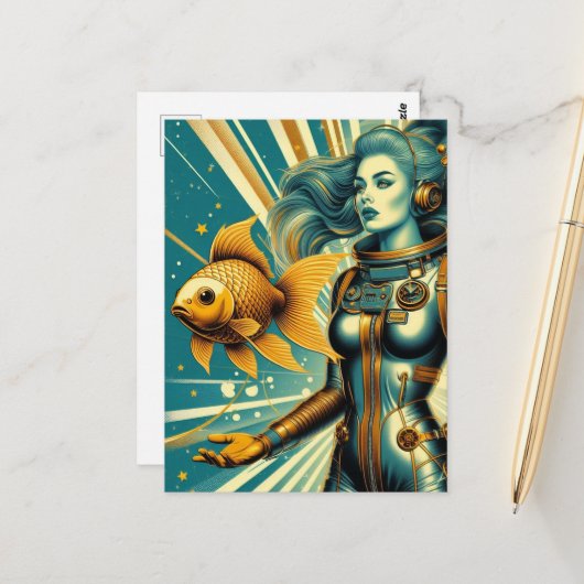 astronaut vrouw en goudvis briefkaart (Voorkant / Achterkant in situ)