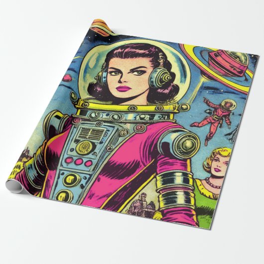 Astronaut vrouw  Sci-Fi Comics Cadeaupapier (Uitgerold)