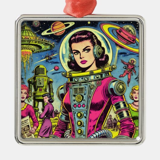 Astronaut vrouw Sci-Fi Comics Metalen Ornament (Voorkant)