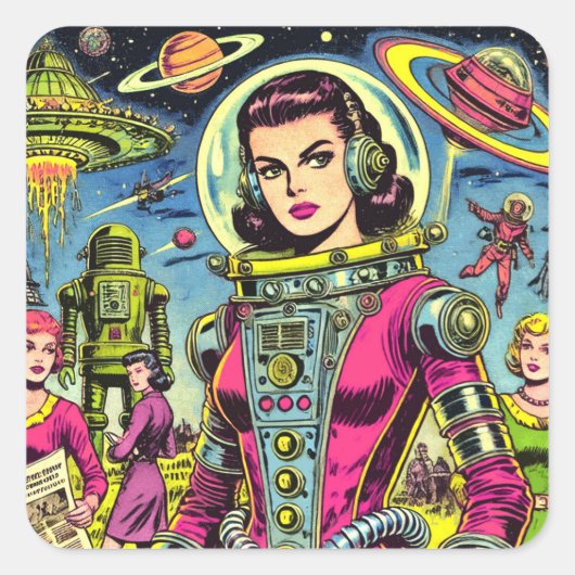 Astronaut vrouw  Sci-Fi Comics Vierkante Sticker (Voorkant)