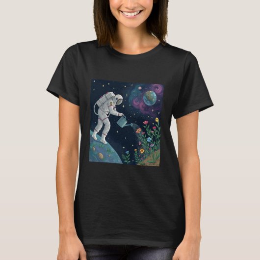 Astronaut Watering Flowers in Outer Space T-shirt (Voorkant)