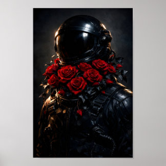 Astronaut Zwart Pak Rode Rozen Bloemrijke Ruimte K Poster